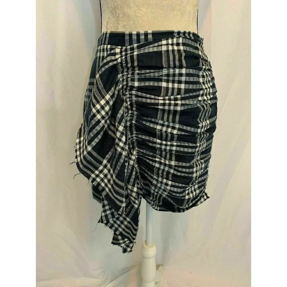 Zara Womens Linen Navy Blue White Plaid High Waist Mini Skirt Small